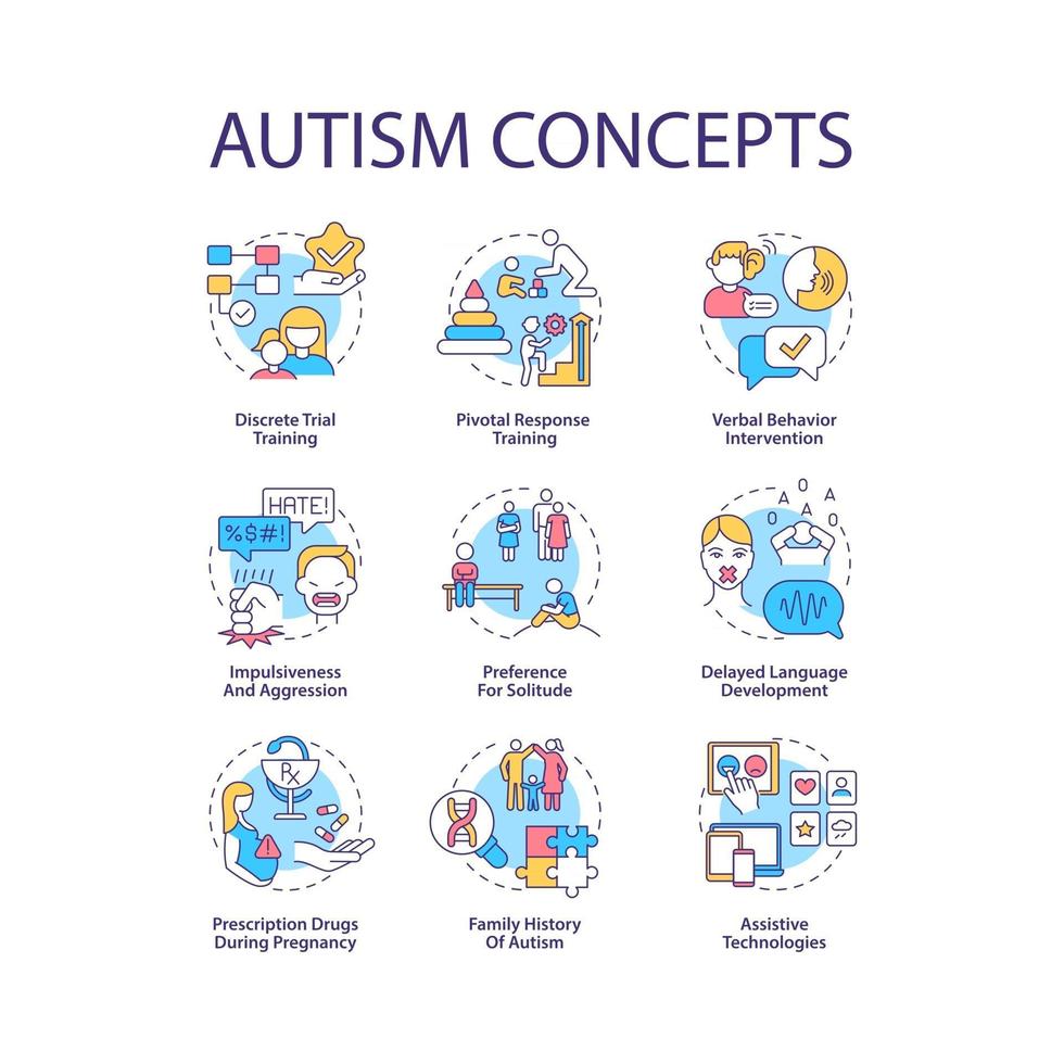 autisme spectrum stoornis concept pictogrammen instellen. ontwikkelingsstoornissen idee dunne lijn kleurenillustraties. verbale gedragsinterventie. vector geïsoleerde overzichtstekeningen. bewerkbare streek