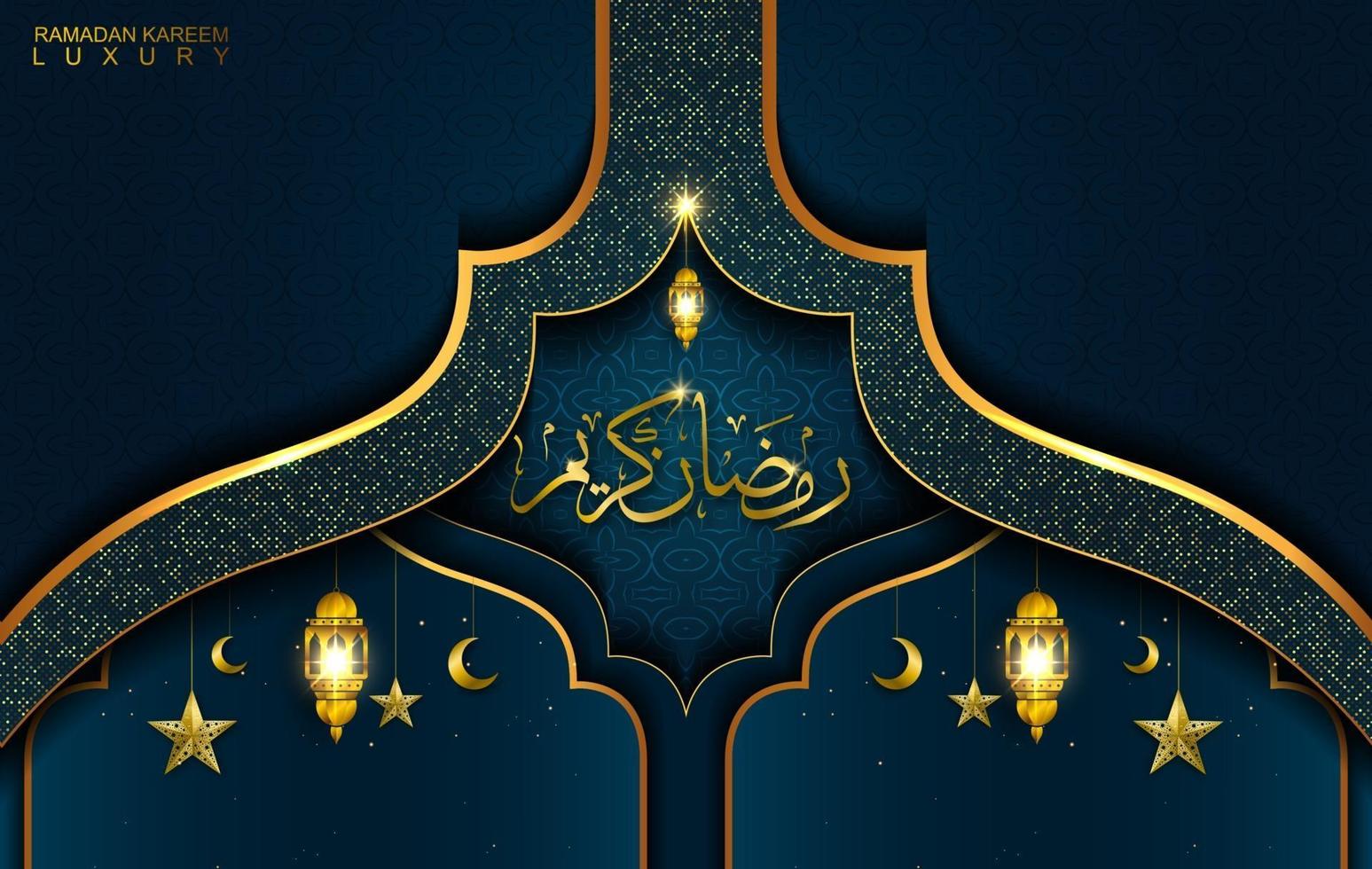 ramadan kareem in luxe stijl met arabische kalligrafie. luxe gouden mandala op donkerblauwe achtergrond vector