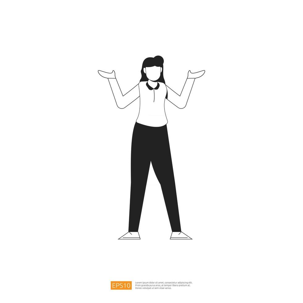 zakenvrouw of jonge dame werknemer karakter pose met handgebaar in vlakke stijl geïsoleerde vectorillustratie vector