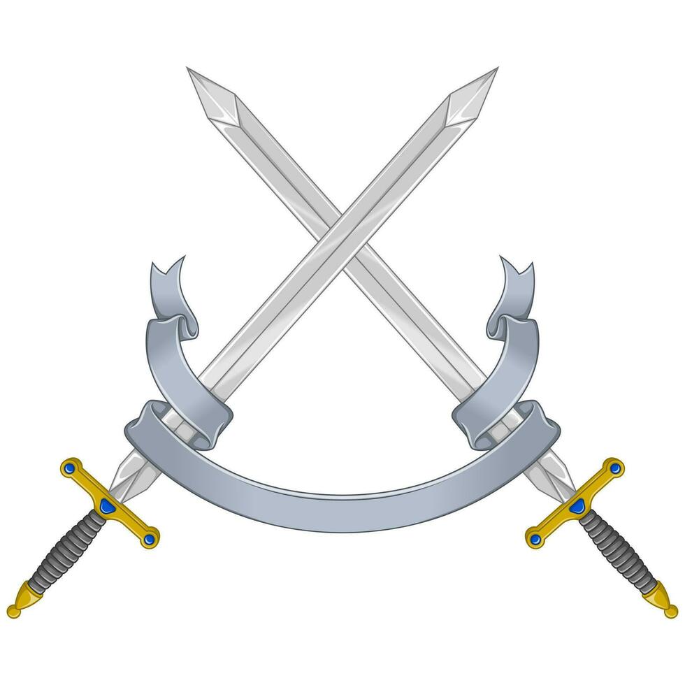 Europese middeleeuws zwaard vector ontwerp, middeleeuws Zwaarden omsingeld met heraldisch lint