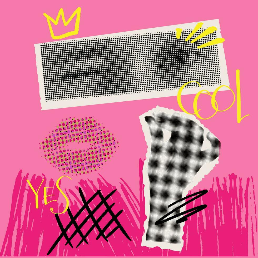 vrouw lippen , hand- en oog net zo retro halftone collage elementen met meisjesachtig doodles voor gemengd media ontwerp. uitknippen tijdschrift vormen in stippel knal kunst stijl. vector illustratie, grunge punk- gek kunst