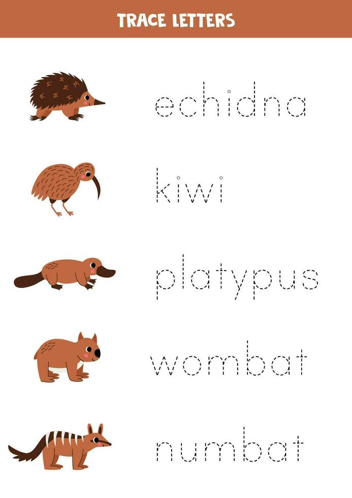 traceren brieven met schattig Australisch dieren. schrijven oefening. vector