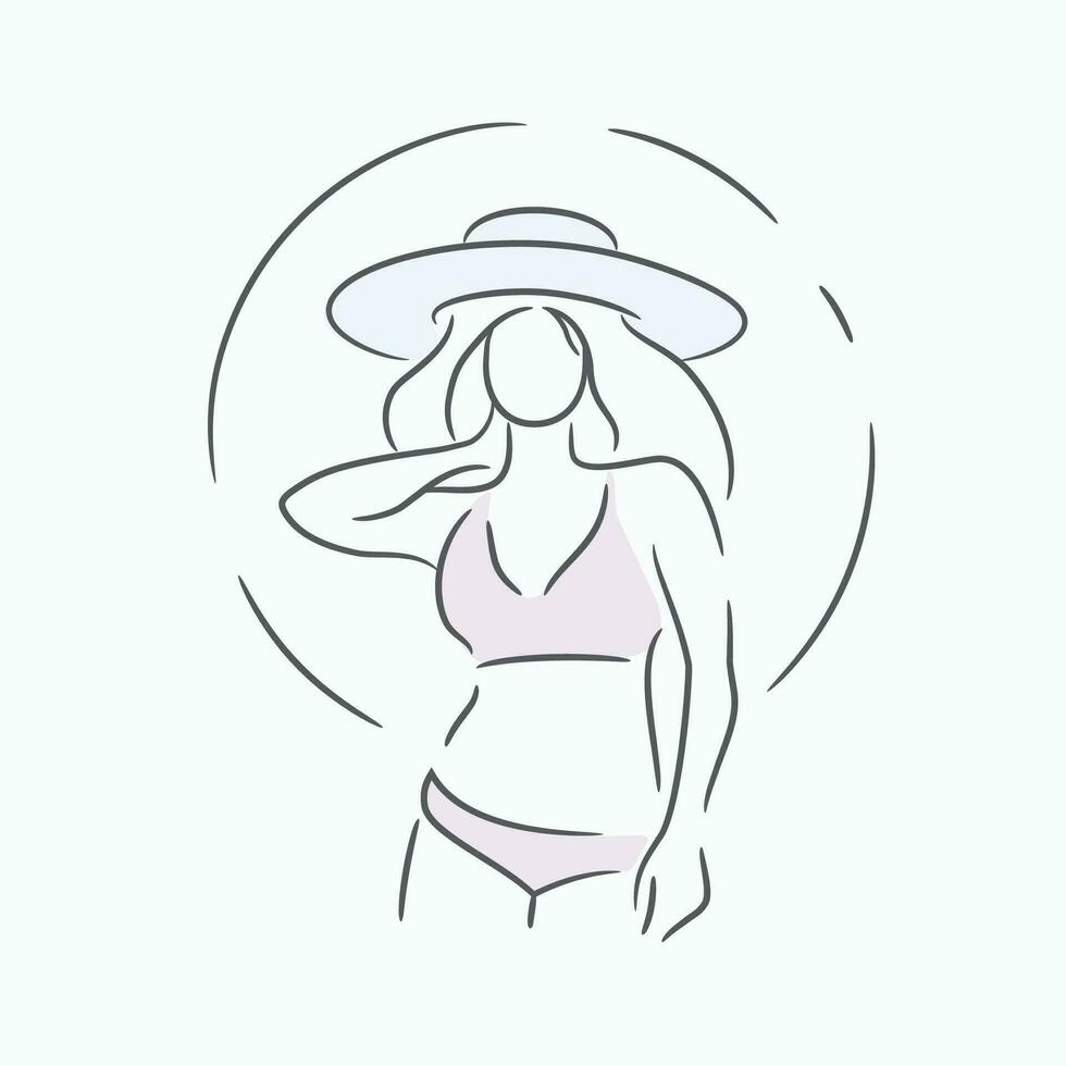 schets beroerte mooi meisje met rietje hoed genieten van zonnebaden Bij strand vector illustratie.