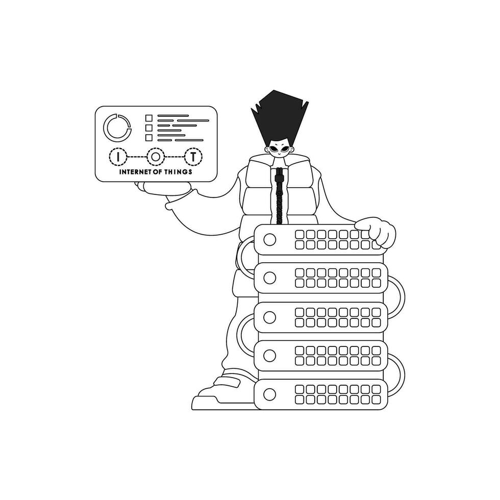 ,Mens en server voor iot, vector lineair stijl, opgeslagen in wolk