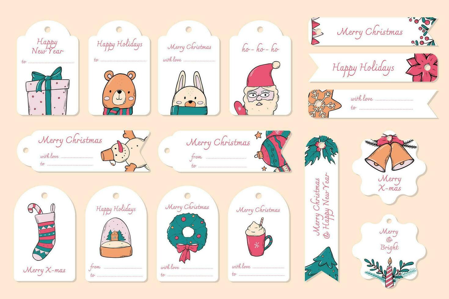 Kerstmis geschenk etiketten, labels, badges verzameling met hartelijk groeten, doodles en kopiëren ruimte voor notities. mooi zo voor stickers, afdrukken, kaarten, vakantie decor, enz. eps 10 vector