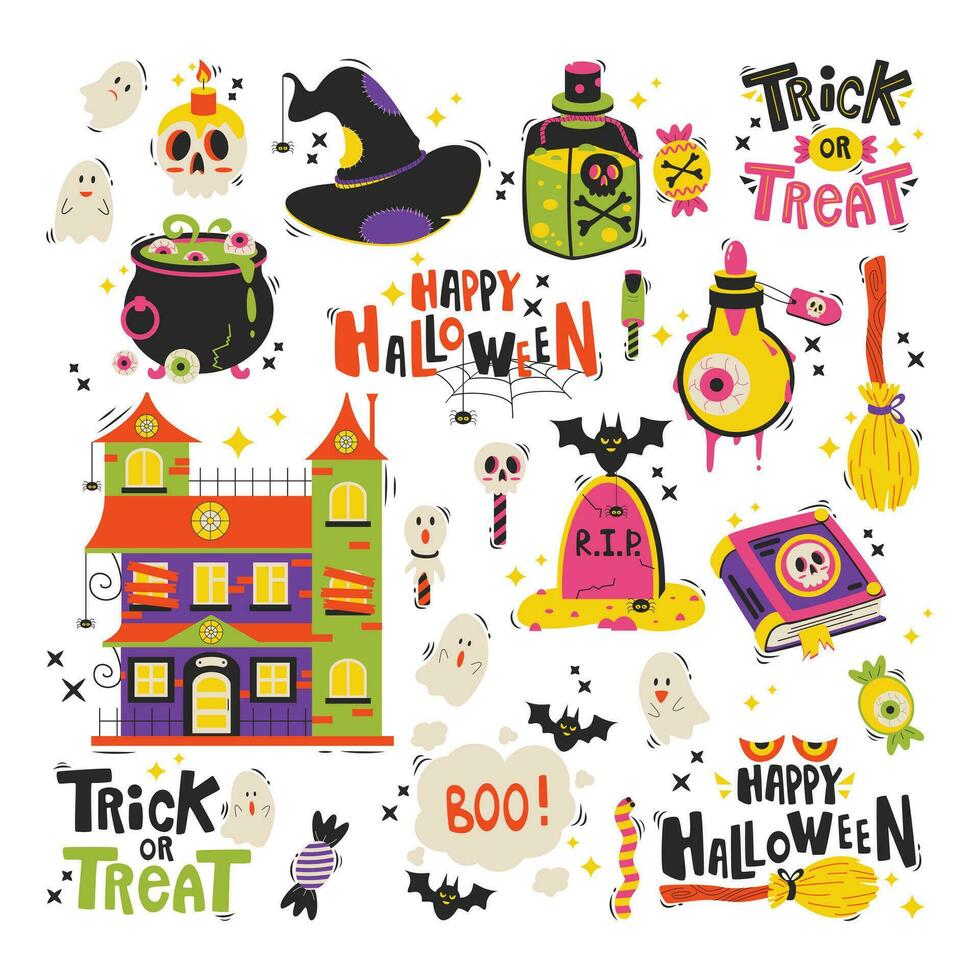 reeks van tekenfilm halloween elementen en belettering. gelukkig halloween. truc of traktatie. vector