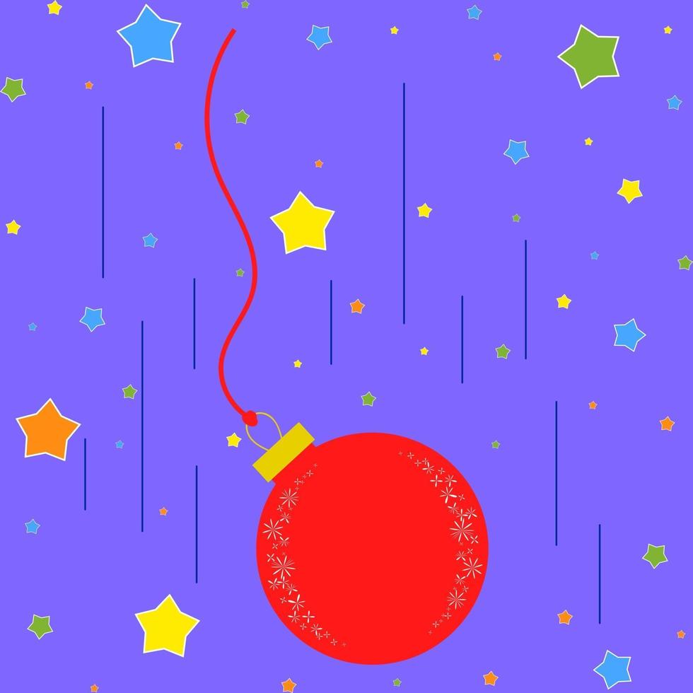 vallende platte rode kerstspeelgoedbal op de achtergrond van blauwe lucht en kleurrijke sterren vector