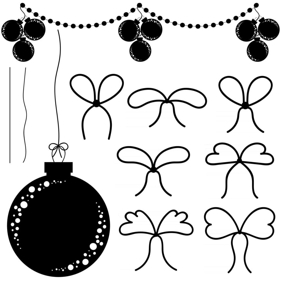 een set van platte zwarte geïsoleerde silhouetten van kerstspeelgoed in de vorm van ballen, slingers en kleine strikken. eenvoudig ontwerp voor verwerking. vector