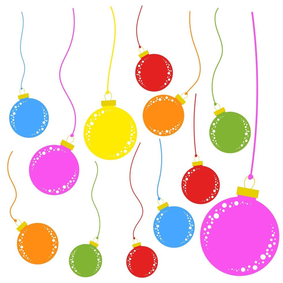 set van platte gekleurde geïsoleerde kerstboom speelgoed ballen aan de touwen. eenvoudige stijl. vector