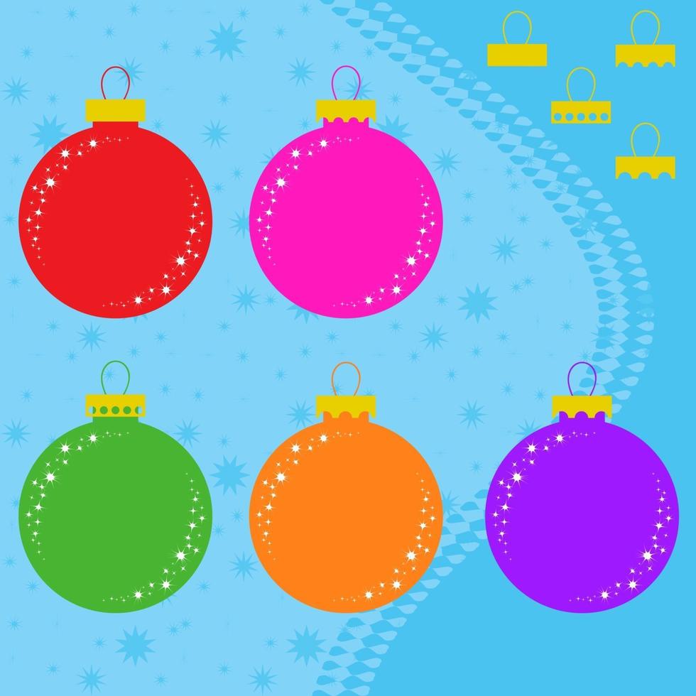 set van platte gekleurde geïsoleerde kerstballen in de vorm van ballen. eenvoudig ontwerp voor decoratie. op een blauwe achtergrond. vector
