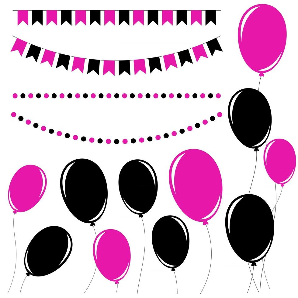 set van platte zwarte en roze geïsoleerde silhouetten van ballonnen aan touwen en slingers van vlaggen. vector