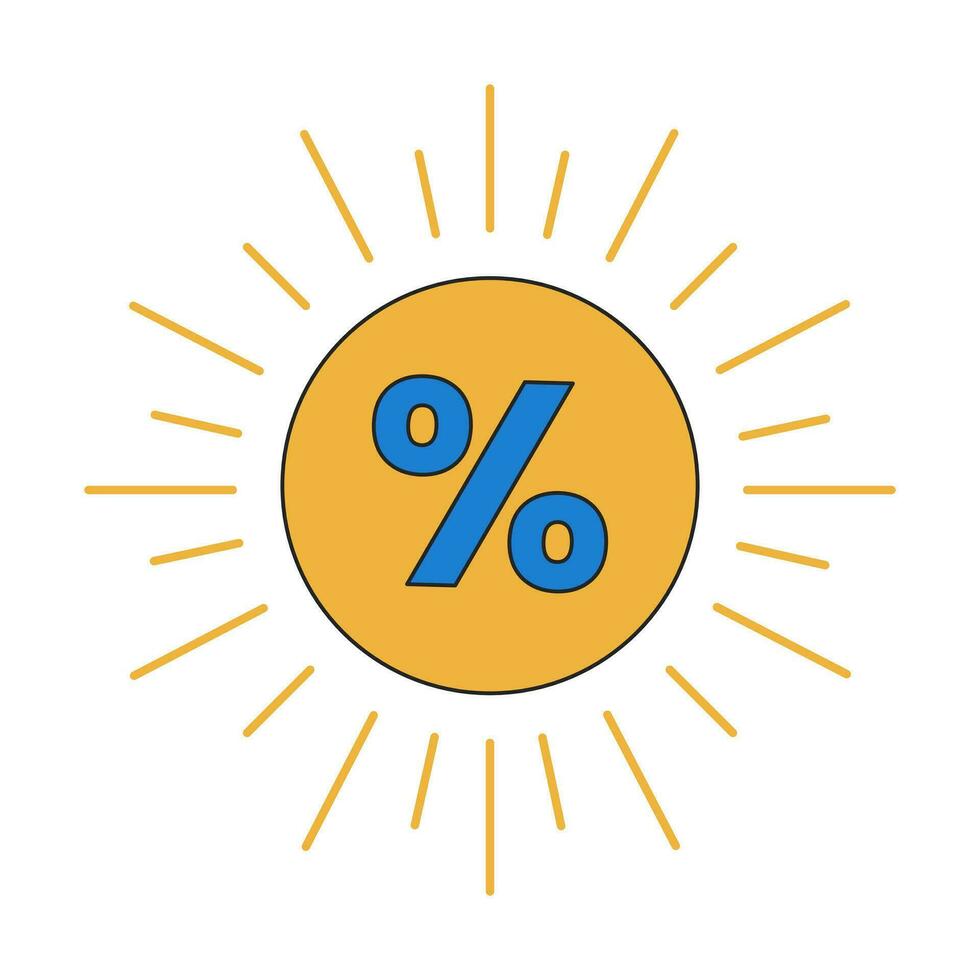 percentage in zon teken 2d lineair tekenfilm afzet sticker. zonneschijn procent korting geïsoleerd lijn vector prijs insigne wit achtergrond. kleur vlak plek illustratie, reclame reclame evenement