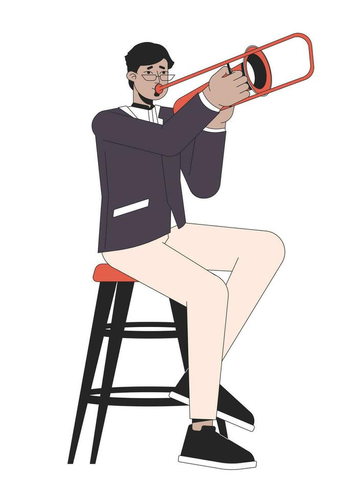 jazz- trombone speler lijn tekenfilm vlak illustratie. Arabisch volwassen Mens trompet musicien 2d lijn kunst karakter geïsoleerd Aan wit achtergrond. mannetje orkest musicus trompet tafereel vector kleur beeld