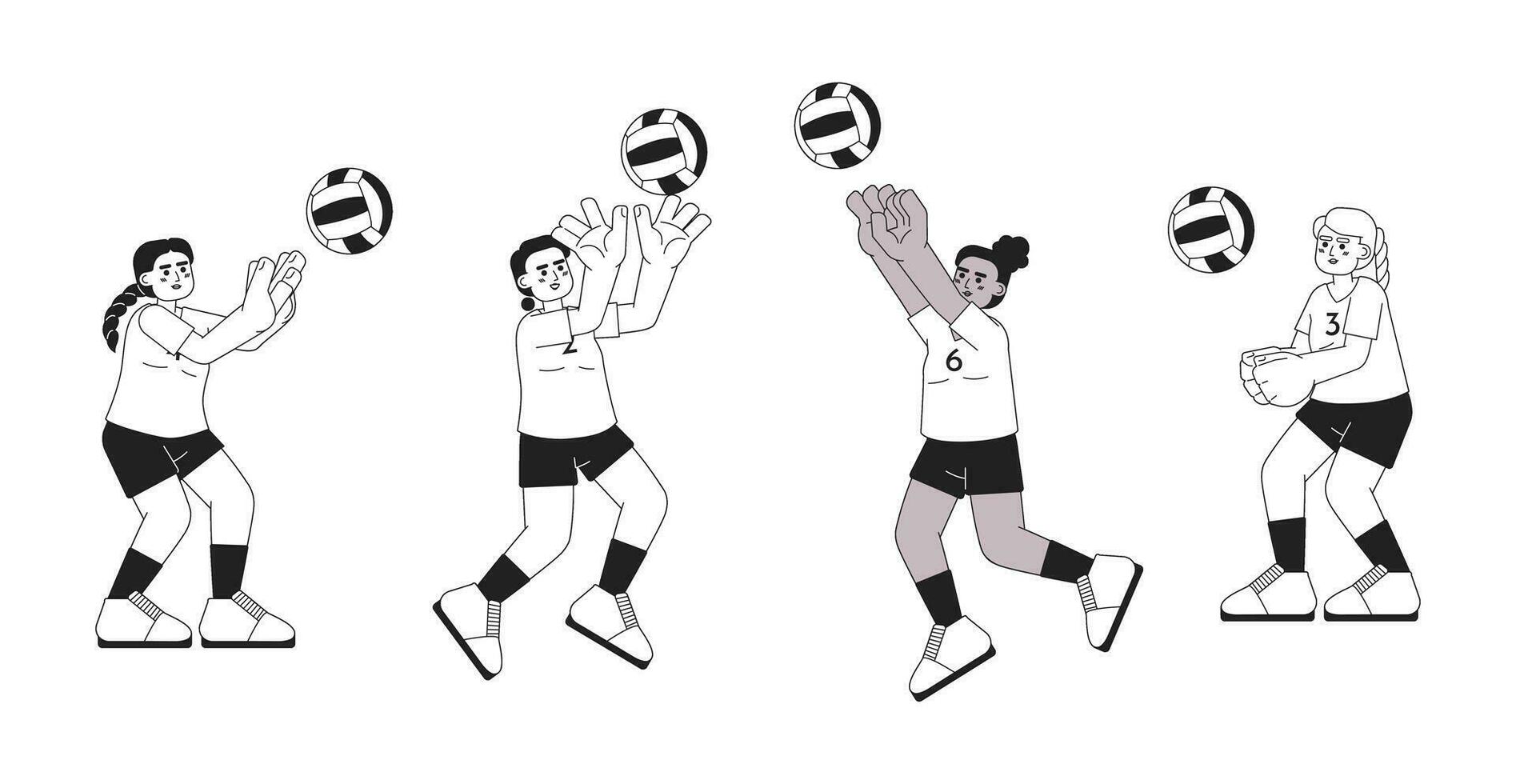 vrouw volleybal spelers monochroom concept vector plek illustratie. team spel. raken bal 2d vlak bw tekenfilm tekens voor web ui ontwerp. sport geïsoleerd bewerkbare hand- getrokken held beeld