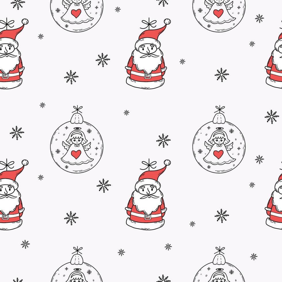 Kerstmis naadloos patroon met de kerstman claus, Kerstmis bal met weinig engel Aan wit achtergrond met sneeuwvlokken. vector illustratie. hand- tekening. schattig nieuw jaar kinderen verzameling achtergrond.