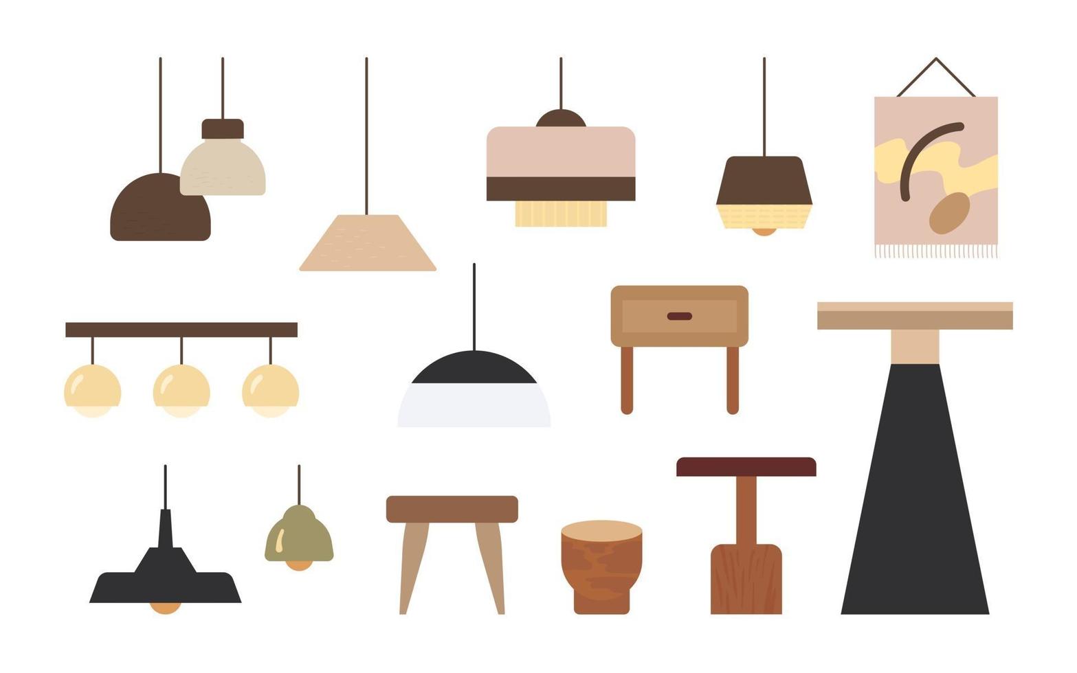 verschillende stijlen lampen en tafels voor het interieur. platte ontwerpstijl minimale vectorillustratie. vector