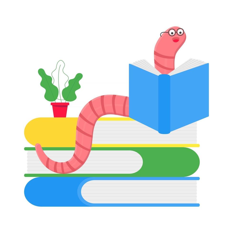 cartoon stijl regenworm met boek en glazen vectorillustratie vector