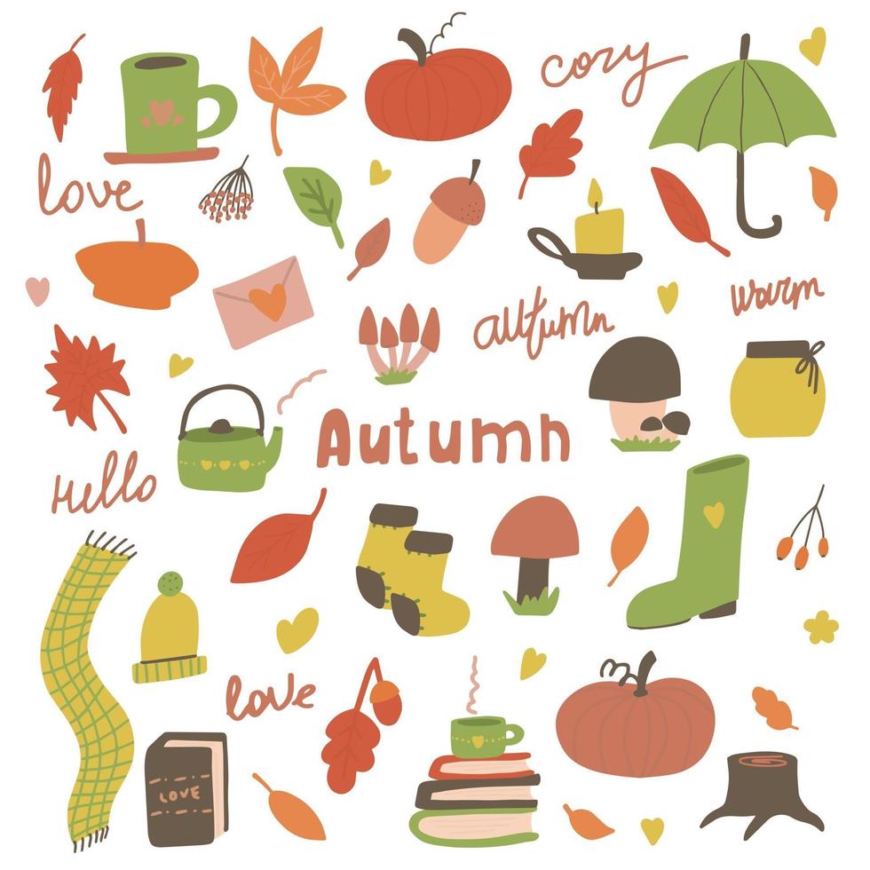 herfst set schattig hand getrokken elementen krans pompoen eikel champignons paraplu sjaal hoed zinnen. herfst illustraties voor web kaart poster dekking tag uitnodiging sticker vectorillustratie. vector