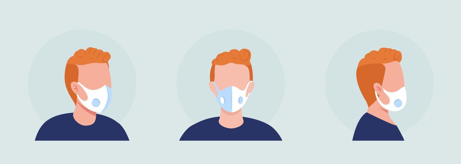 het dragen van een gasmasker met ademende ventilatie semi-egale kleur vector avatar karakterset