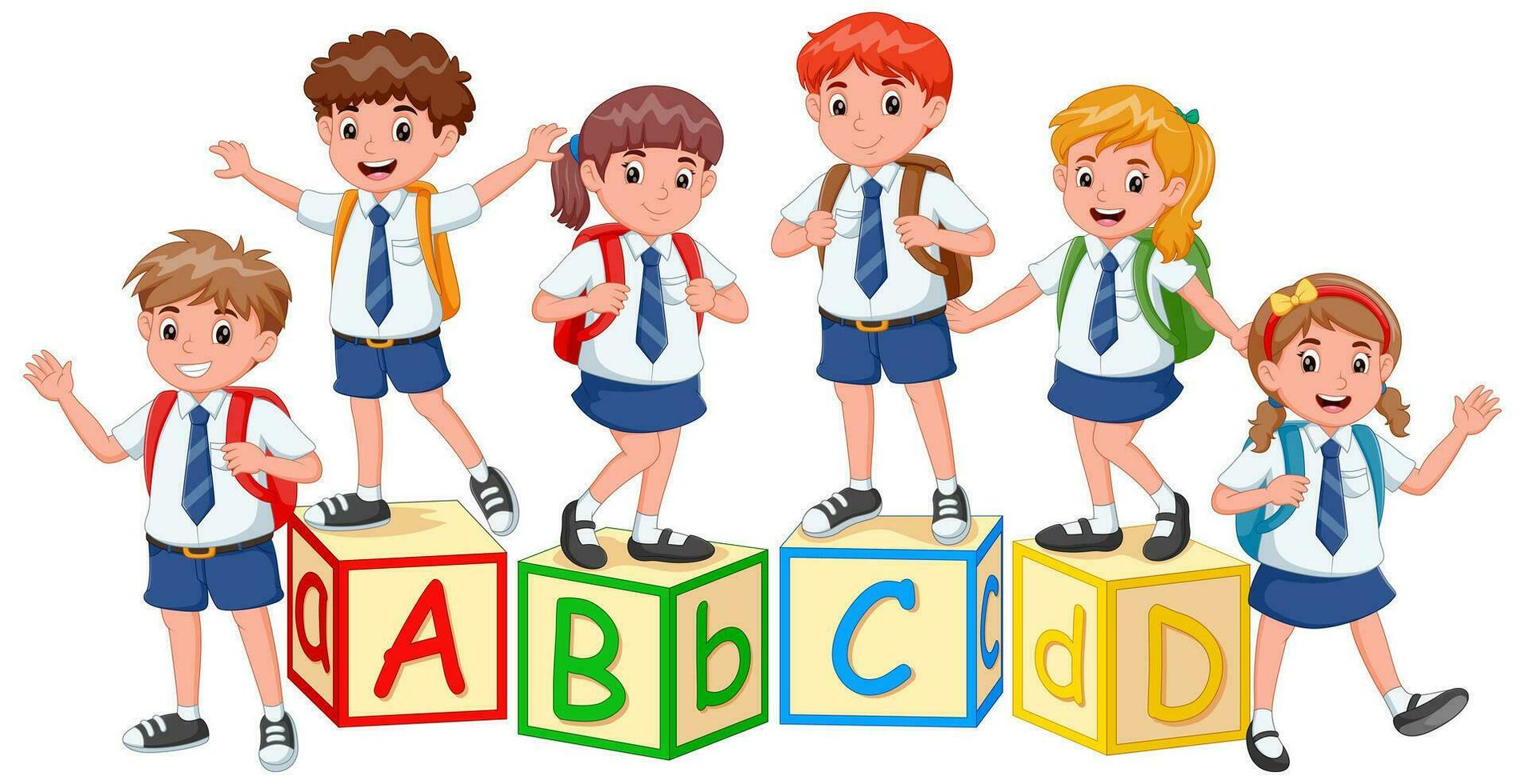 gelukkig weinig kinderen met alfabet blokken. schattig studenten met alfabet blokken. vector illustratie