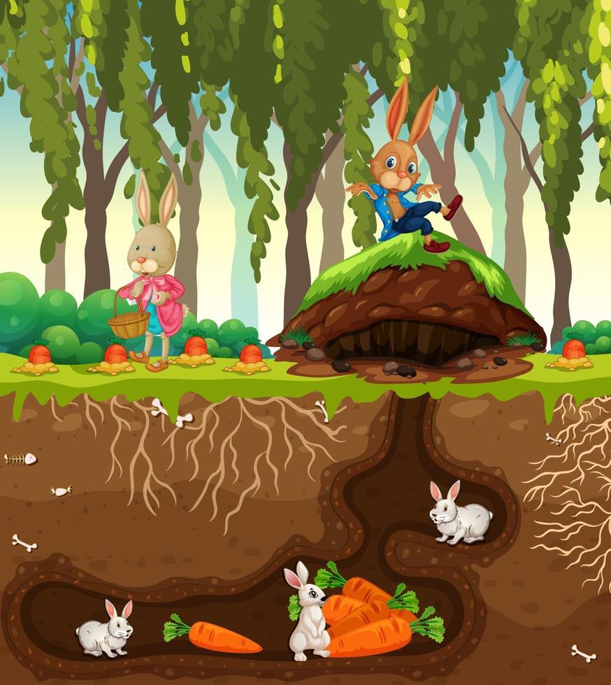 ondergronds konijnenhol met grondoppervlak van de tuinscène vector