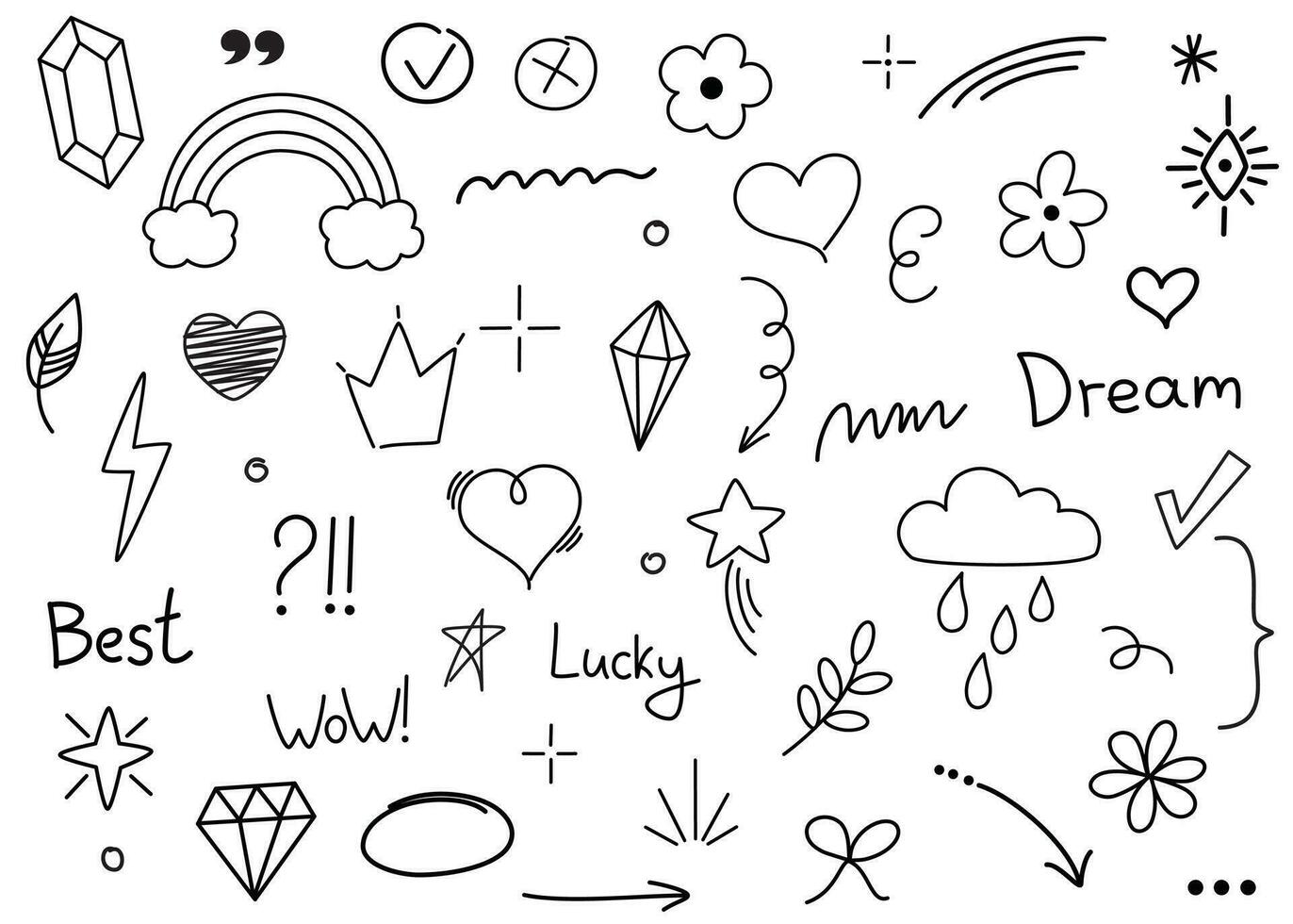 tekening schattig lijn elementen. tekening hart, pijl, ster, decoratie symbool reeks icoon. vector illustratie.