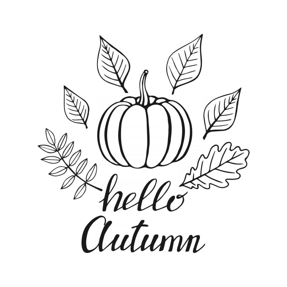 handgetekende letters met decoratieve elementen, herfstbladeren, pompoen. tekst hallo herfst op de witte achtergrond. vectorillustratie. perfect voor afdrukken, flyers, banners, uitnodigingen vector