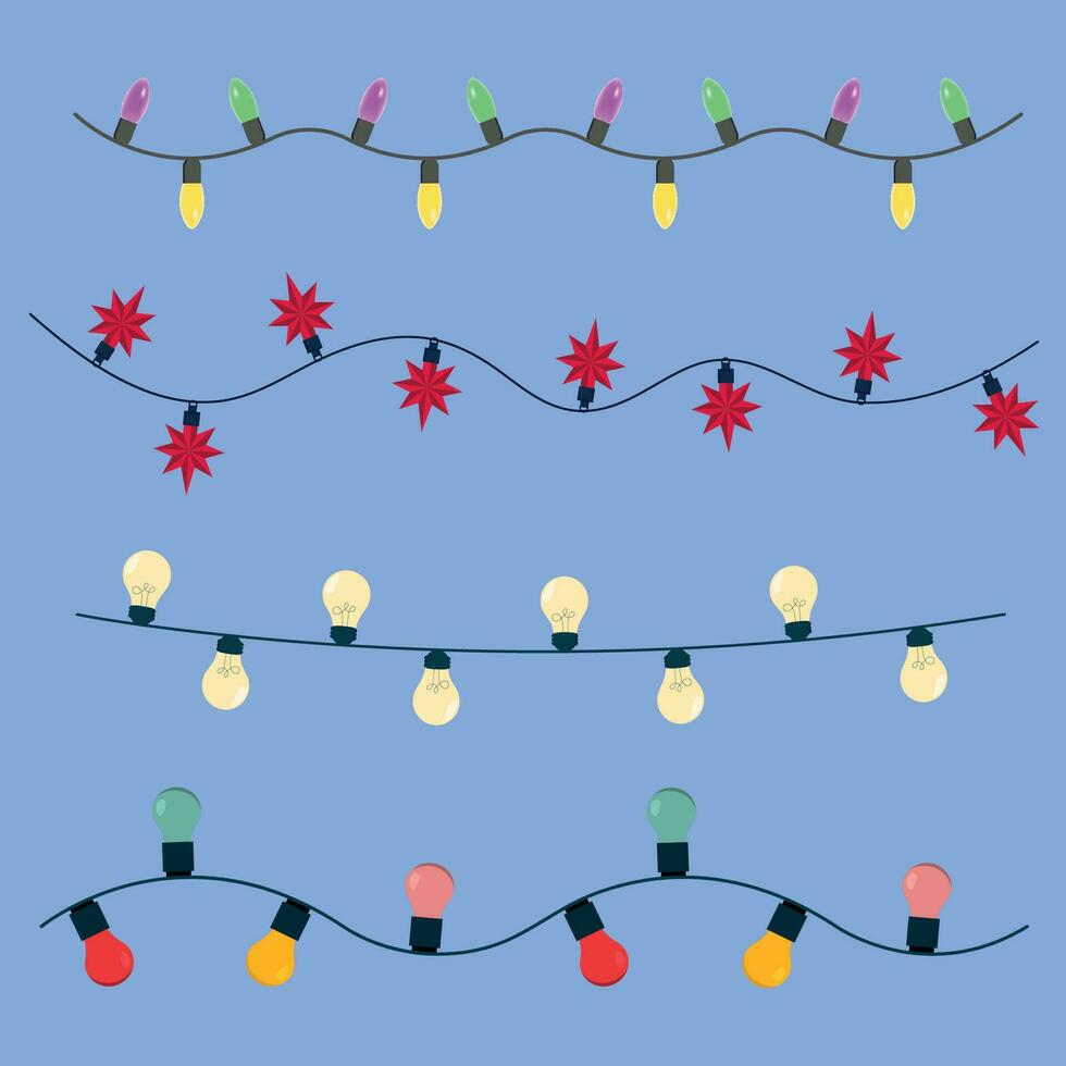 reeks van Kerstmis decoraties met helder licht slingers. vector