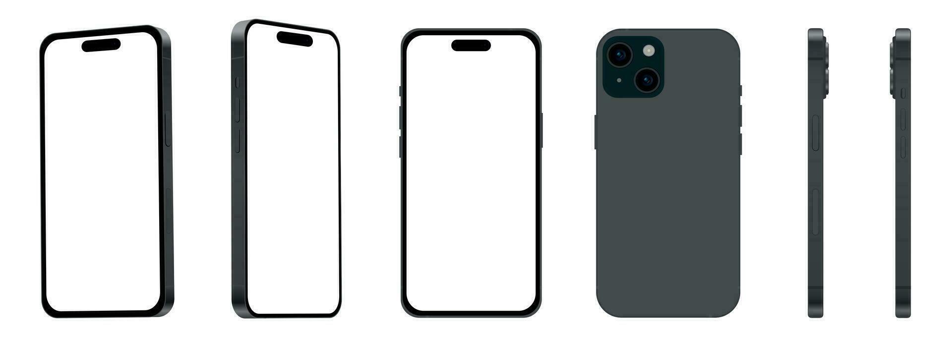 reeks van 6 items van verschillend hoeken, 15 zwart smartphone modellen nieuwe, mockup voor web ontwerp Aan wit achtergrond vector