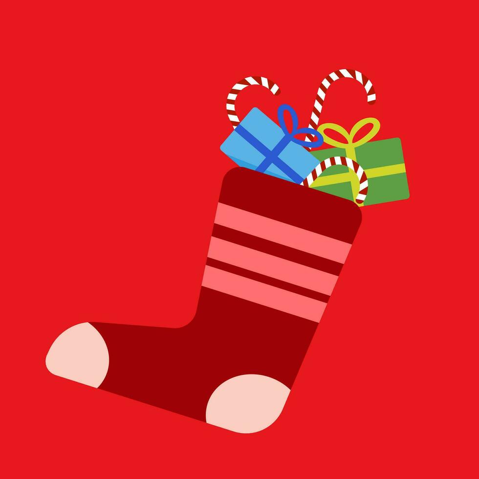 vrolijk Kerstmis groet kaart. rood sok en geschenk dozen icoon versierd voor Kerstmis nacht. gelukkig nieuw jaar vector illustratie.