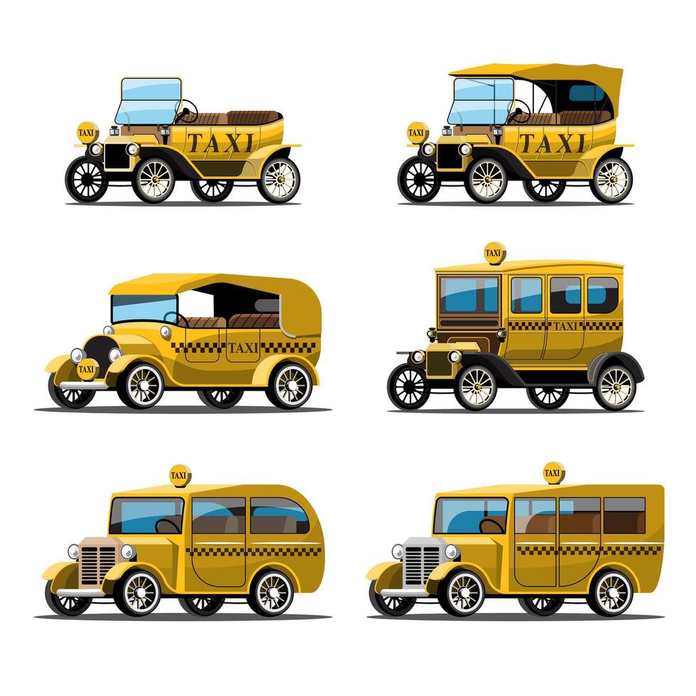 set mockup van antieke taxi-auto in retro-stijl ontwerp vector