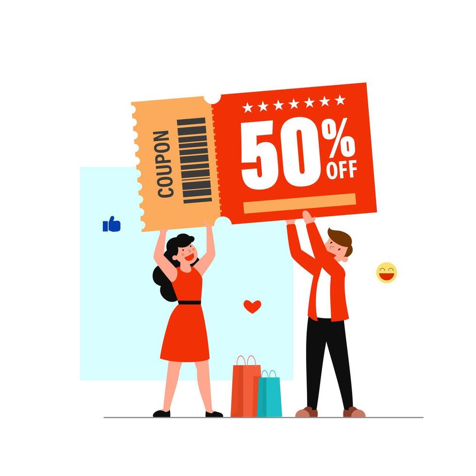 platte stripfiguur klant 50 procent korting met coupon vector