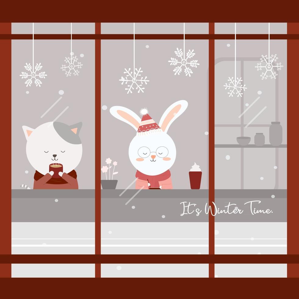 vector van de laatste winter met kat en konijn die koffie drinken in het café the