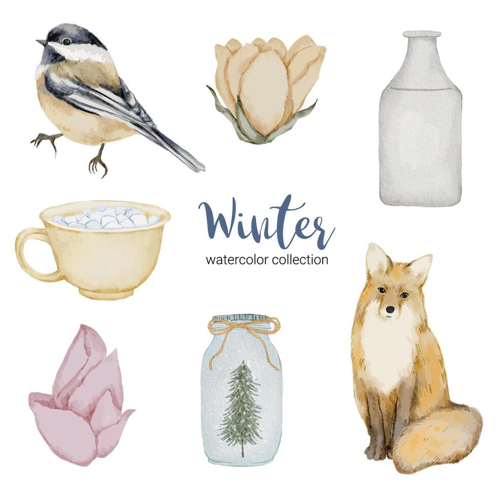 winter aquarel collectie met items voor thuisgebruik, vogels en vos vector