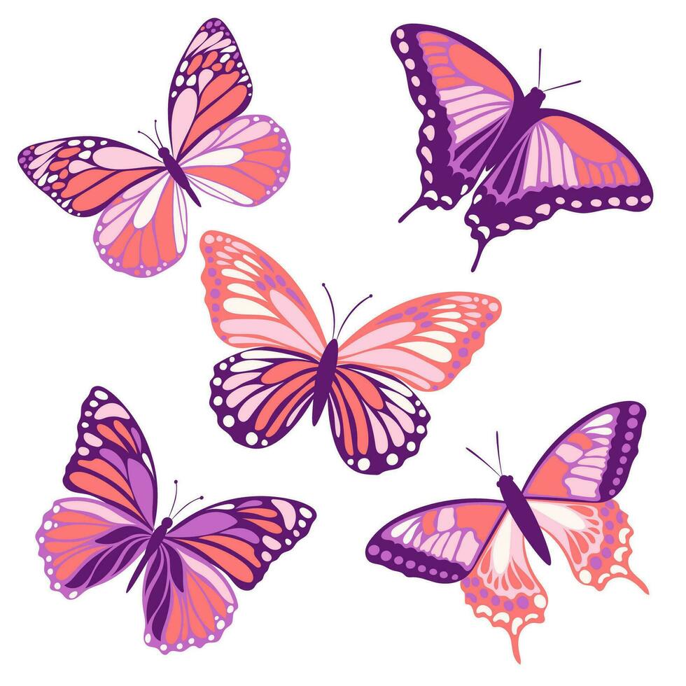 vliegend insecten, monarch vlinder, creatief wijnoogst vullen voor divers ontwerpen. een reeks van roze en Purper vlinders geïsoleerd Aan een wit achtergrond in vlak stijl. vector