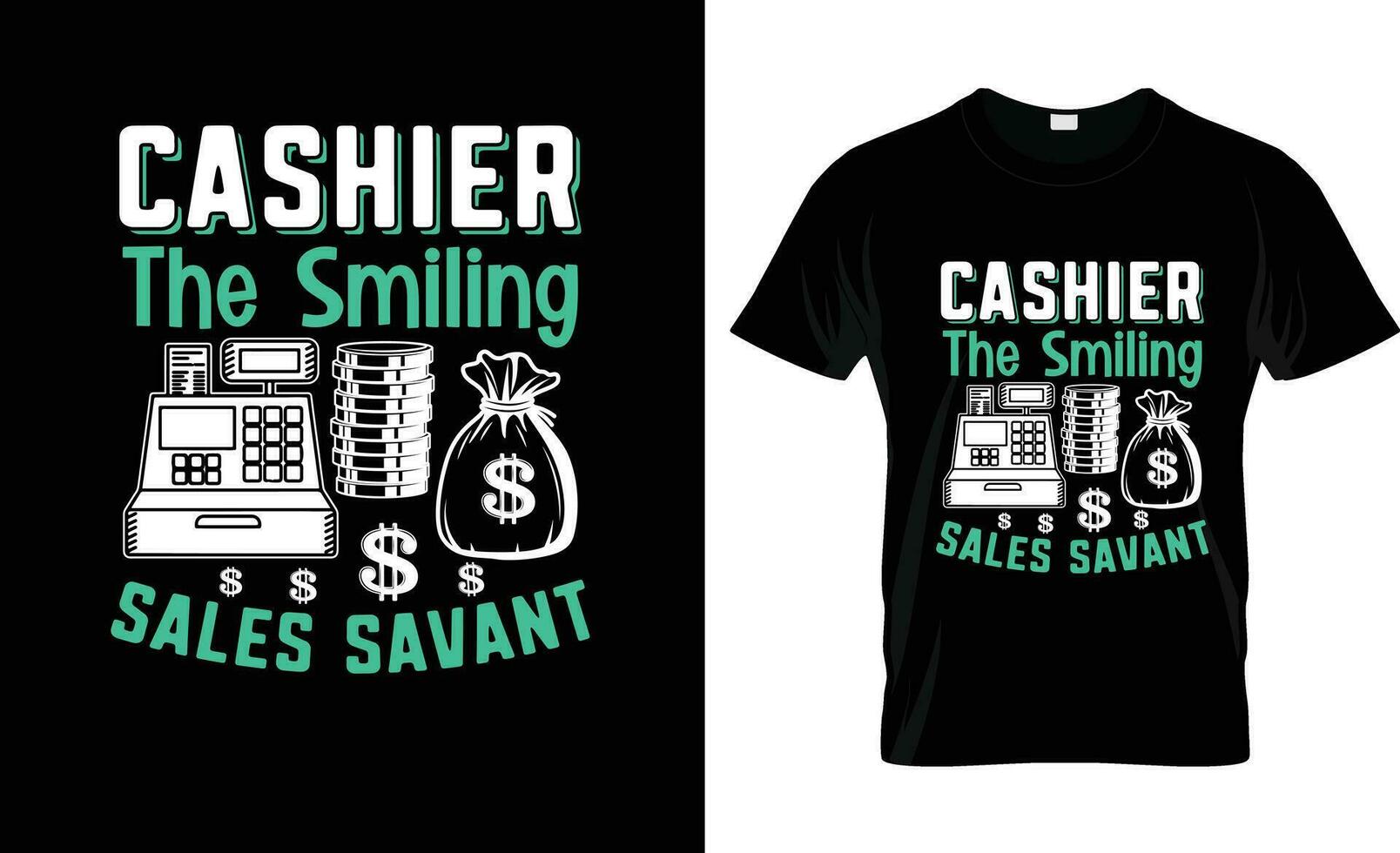 Kassa de glimlachen verkoop savant kleurrijk grafisch t-shirt, t-shirt afdrukken mockup vector
