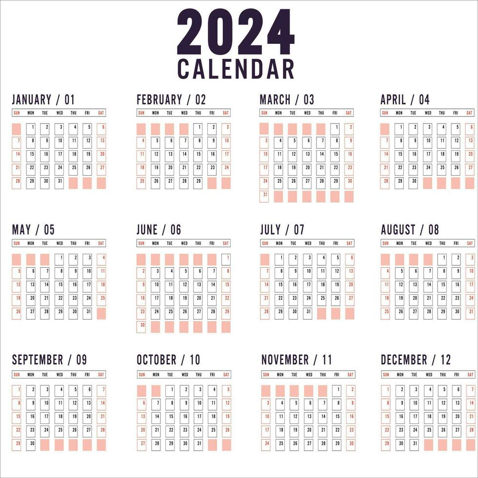 kalender 2024 week begin zondag zakelijke ontwerp ontwerper sjabloon. vector