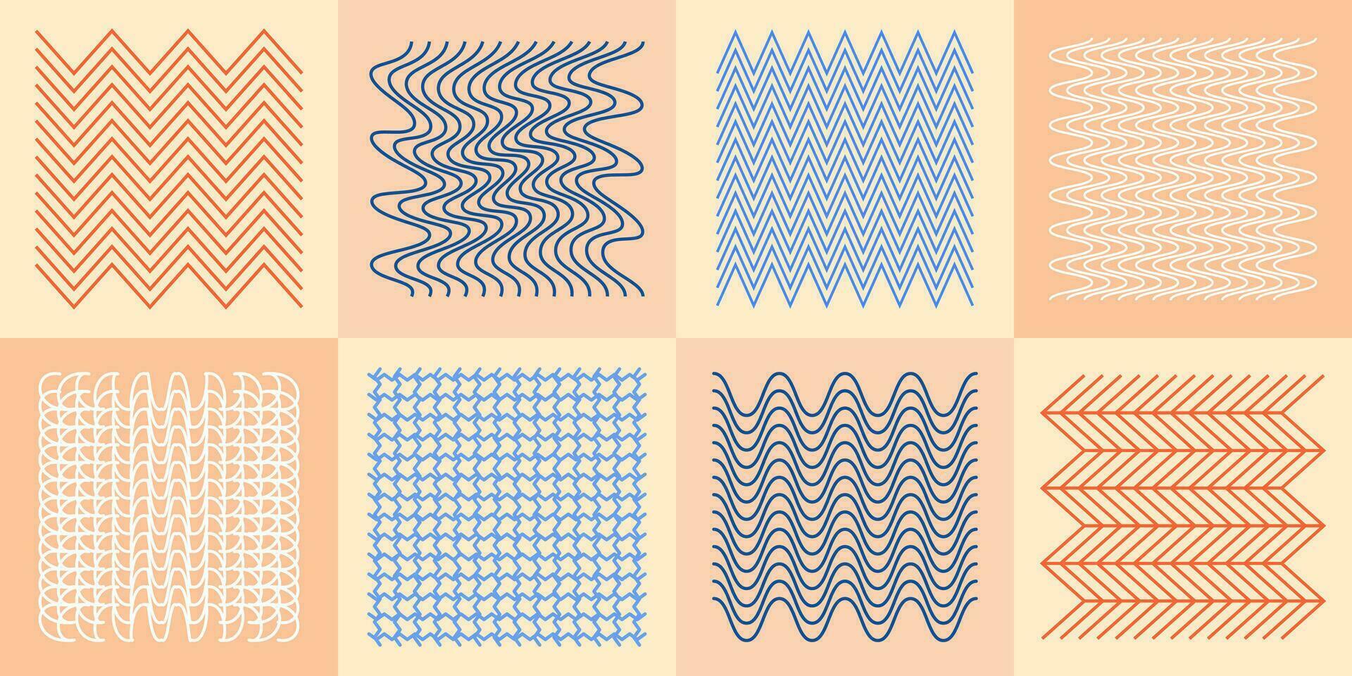abstract golvend en zigzag voorwerpen en roosters. vector illustratie. lineair tekening van kromgetrokken en convex vormen. reeks van ontwerp elementen voor decoreren.