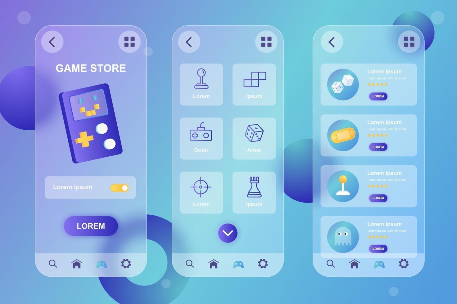 game store glassmorphic elements kit voor mobiele app vector