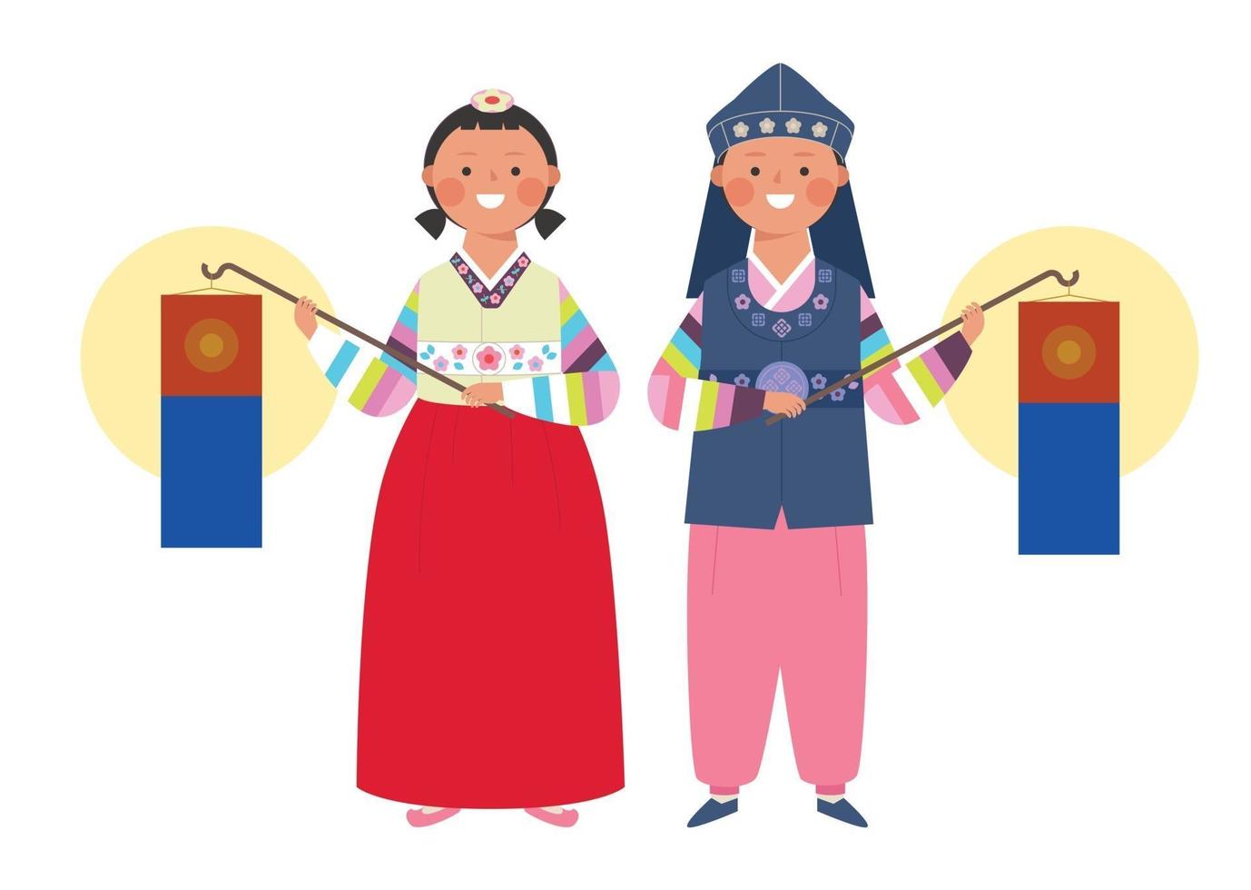 een jongen en een meisje in traditionele Koreaanse kleding houden traditionele Koreaanse lantaarns vast. vector
