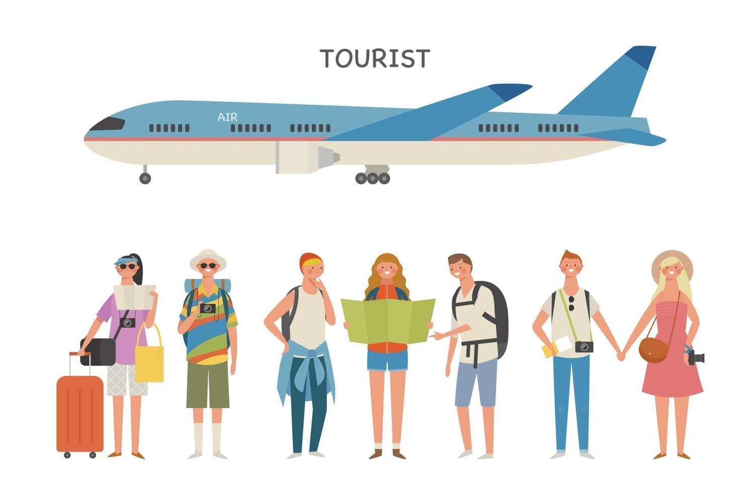 toeristische personages en vliegtuigen. vector