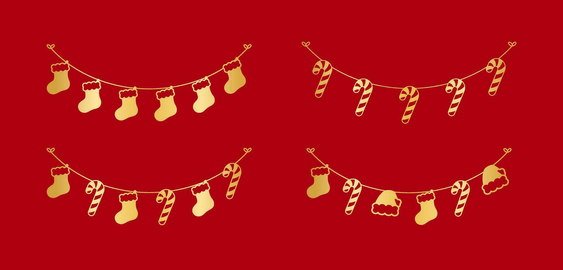 reeks van goud Kerstmis en winter decoratie slinger silhouet. vakantie decoratie elementen verzameling. de kerstman hoed, kousen, maretak, ornamenten, snoep riet. vector illustratie.