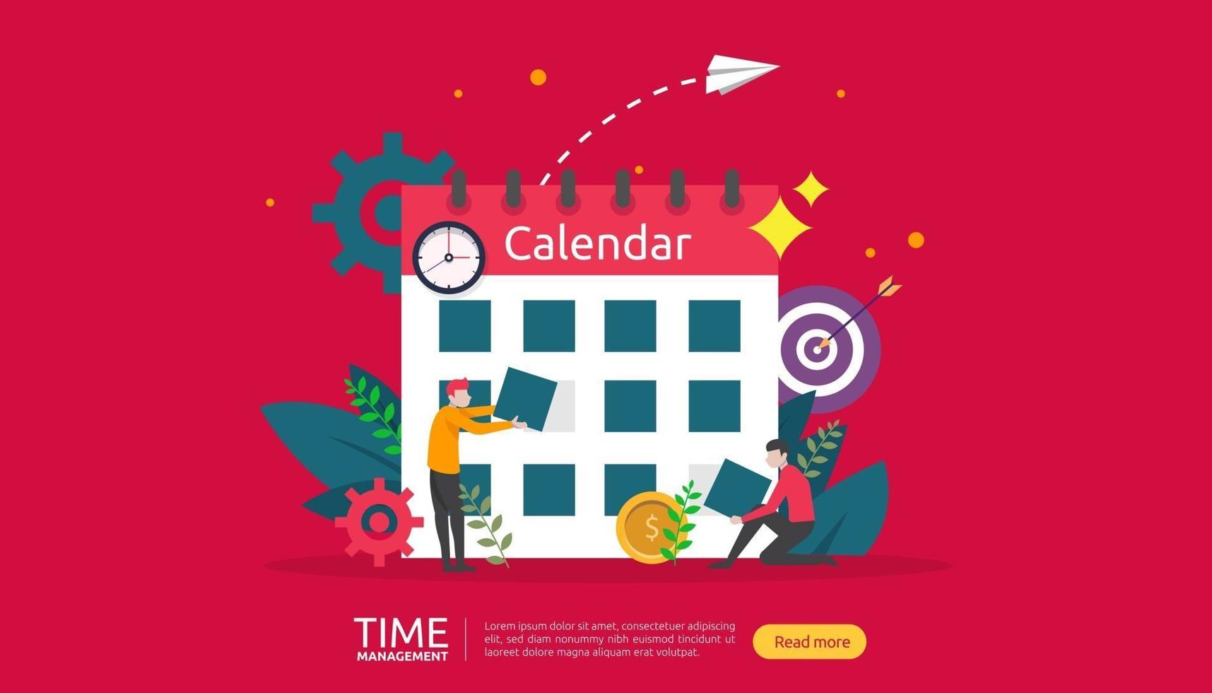 timemanagement en uitstelconcept. planning en strategie voor zakelijke oplossingen met klok, kalender en kleine mensenkarakter voor presentatie, sociale en gedrukte media. vector illustratie