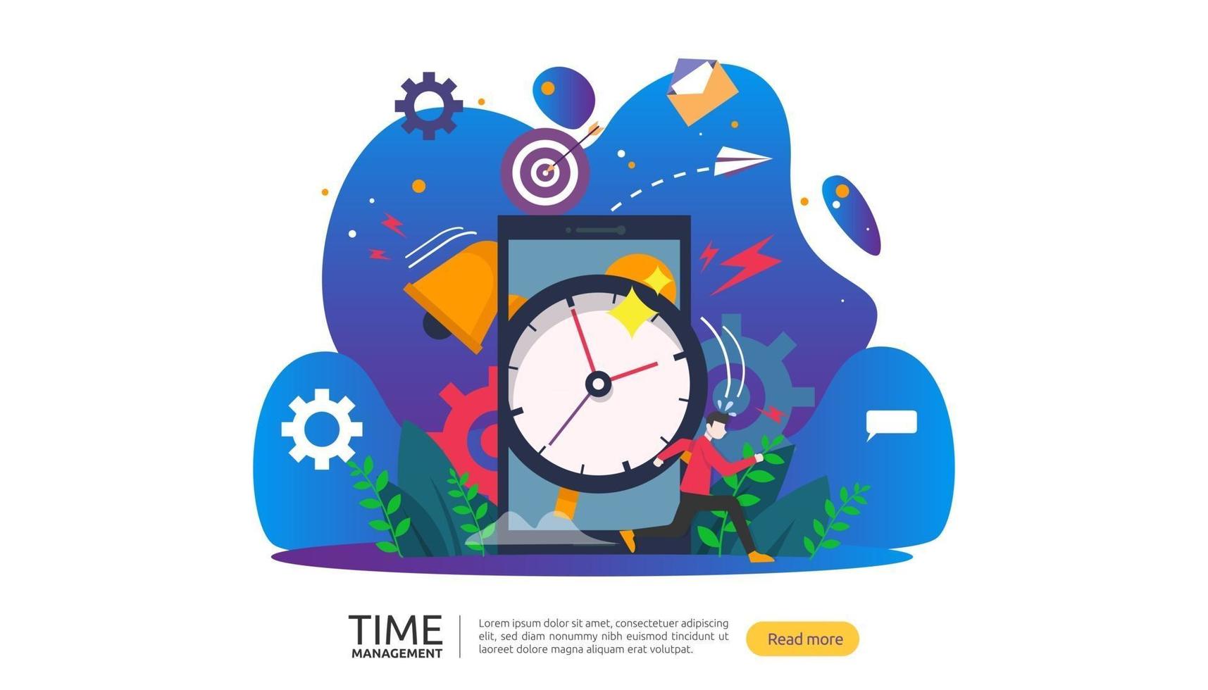 timemanagement en uitstelconcept. planning en strategie voor zakelijke oplossingen met klok, kalender en kleine mensenkarakter voor presentatie, sociale en gedrukte media. vector illustratie