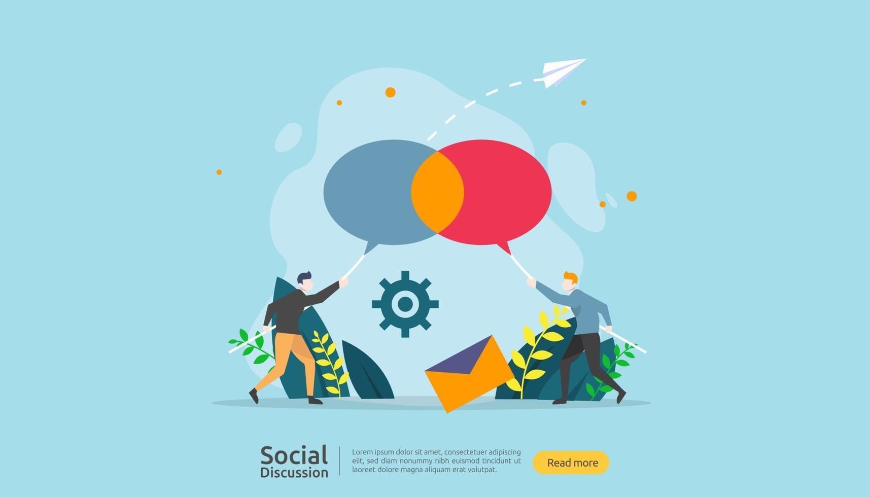 sociale media gespreksnetwerk. chat dialoog bubbels communicatie mensen karakter. gemeenschap online chatten. nieuws bespreken bestemmingspaginasjabloon, presentatie, gedrukte media. vector illustratie