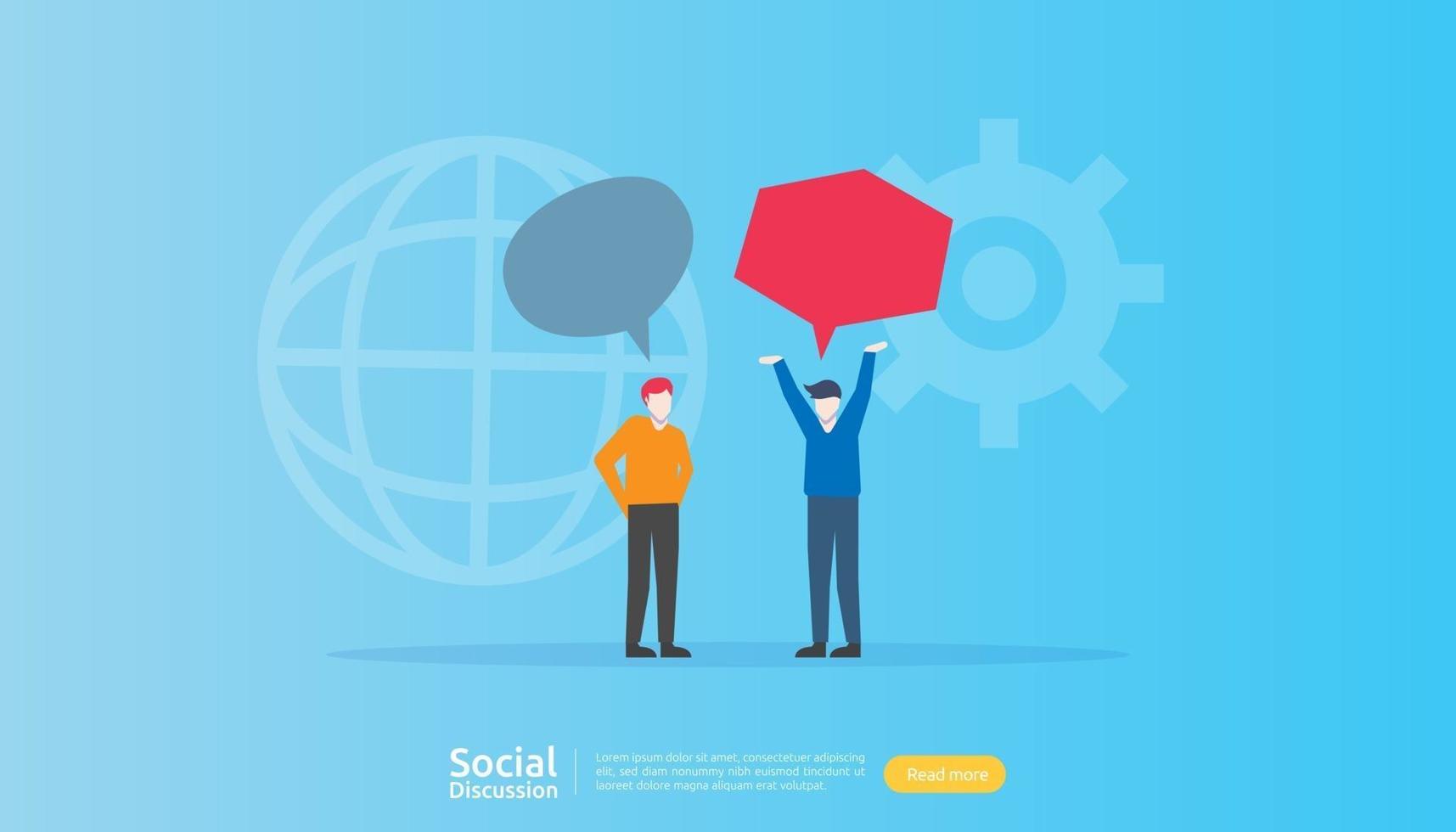 sociale media gespreksnetwerk. chat dialoog bubbels communicatie mensen karakter. gemeenschap online chatten. nieuws bespreken bestemmingspaginasjabloon, presentatie, gedrukte media. vector illustratie