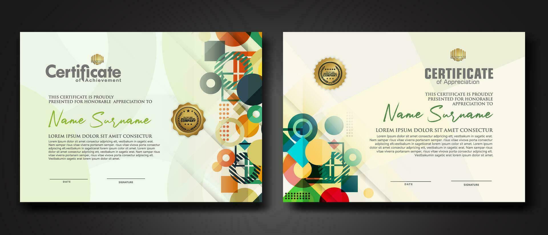 modern certificaat sjabloon met dynamisch kleur Aan meetkundig vorm ornament vector