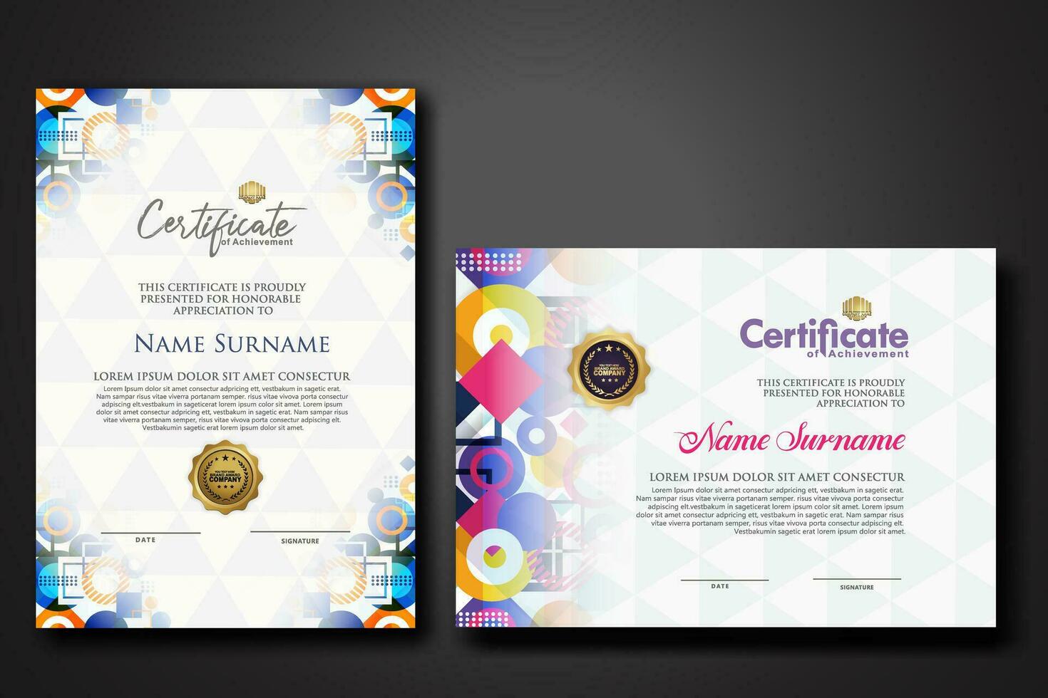 modern certificaat sjabloon met dynamisch kleur Aan meetkundig vorm ornament vector