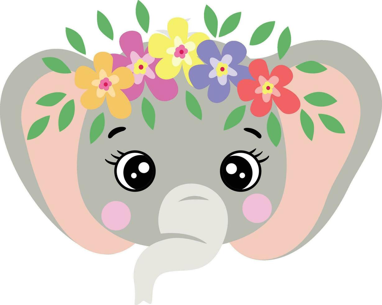 schattig olifant gezicht met krans bloemen Aan hoofd vector