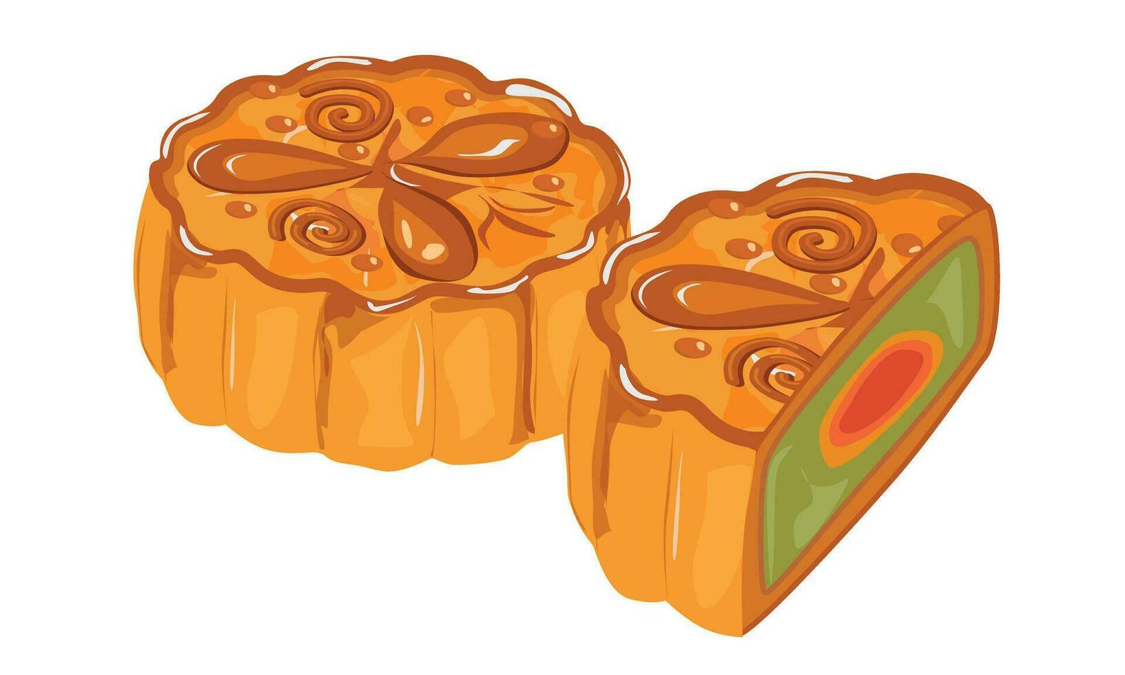 mooncake vector illustratie set. traditioneel Chinese mooncake in geheel vol maat, voor de helft gesneden, stukken, kwartaal. mooncake voor midden herfst festival. bakkerij. Aziatisch voedsel. maan taart klem kunst.